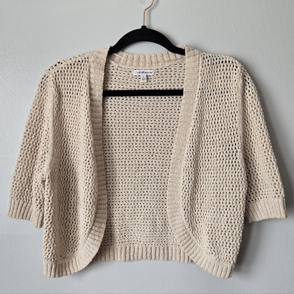 Croft & Barrow Tan Open Knit Cropped Cardigan Shrug Bolero Short Sleeve Size L